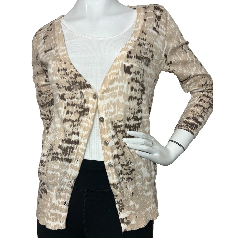 Banana Republic Tan White Animal Print Cotton Knit V Neck Cardigan Medium EUC